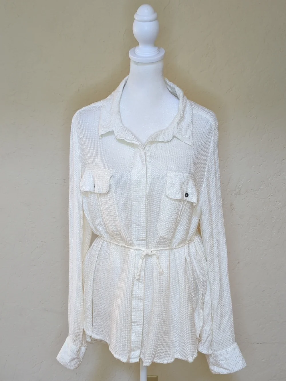 Free People One of the Guys Waffle-Knit Long Sleeve Button Down Shirt Large